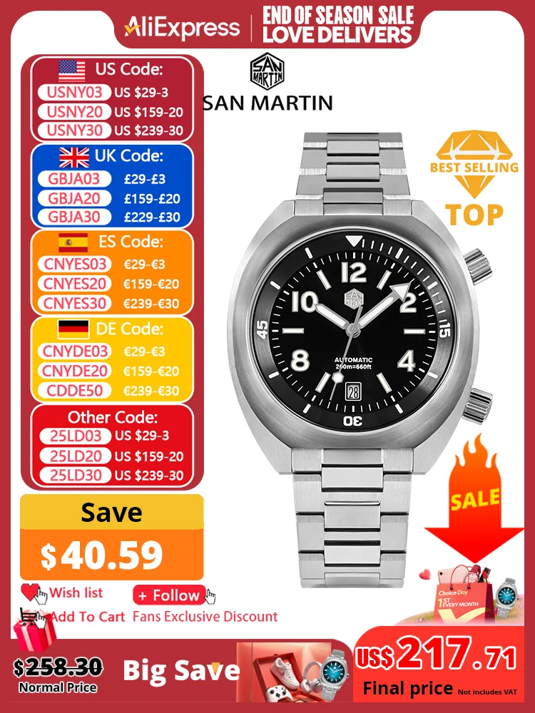 San Martin Men Diving Watch YN55 Button Control Bidirectional Turn Chapter Ring Automatic Mechanical Sapphire Waterproof 200m