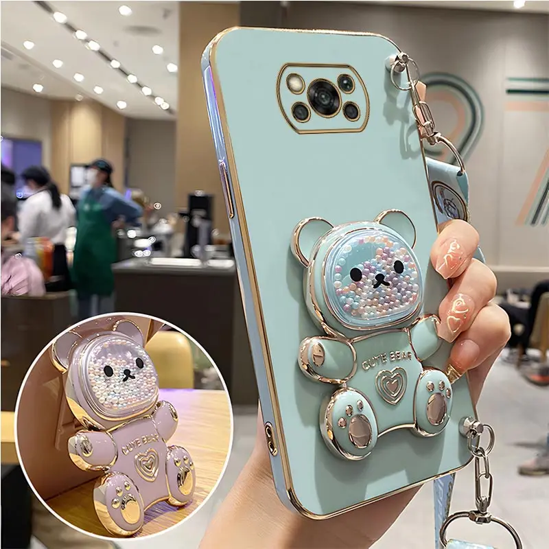 Funda de teléfono con cordón, carcasa con soporte de oso de arena movediza para Xiaomi Mi Poco X3 Nfc X4 X5 Pro C40 M4 Pro 4G 5G M3 M5 F3 F4 GT