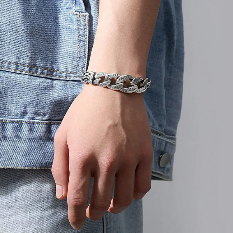 Bold Six-Word Mantra Silver Bracelet, Lucky Protection Pattern, Vintage Trendy Jewelry
