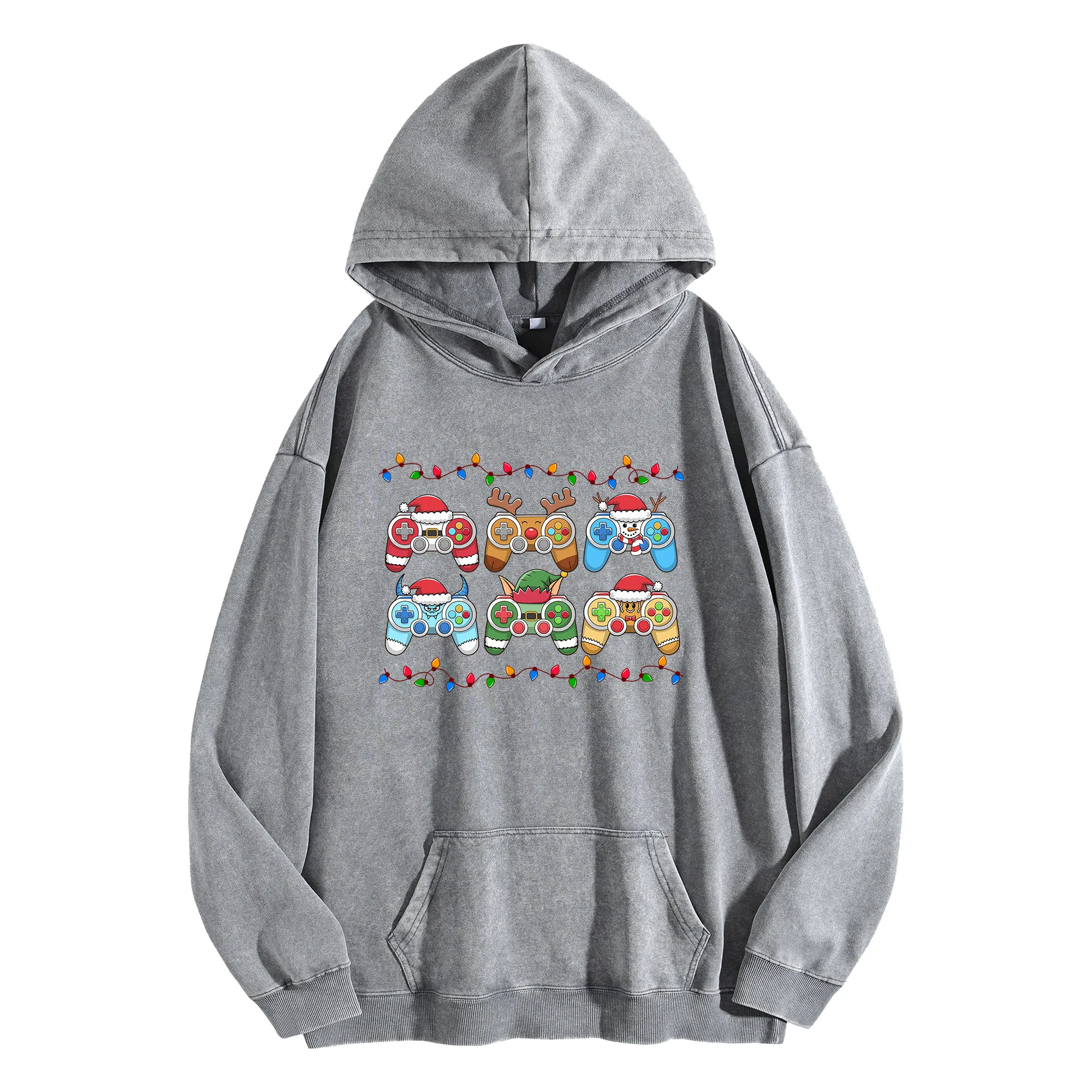 

Рождественские игры, 400 г, винтажная мытая толстовка с капюшоном, унисекс, уличная одежда большого размера, пуловер на осень/зиму, Рождество, Новый год, издание