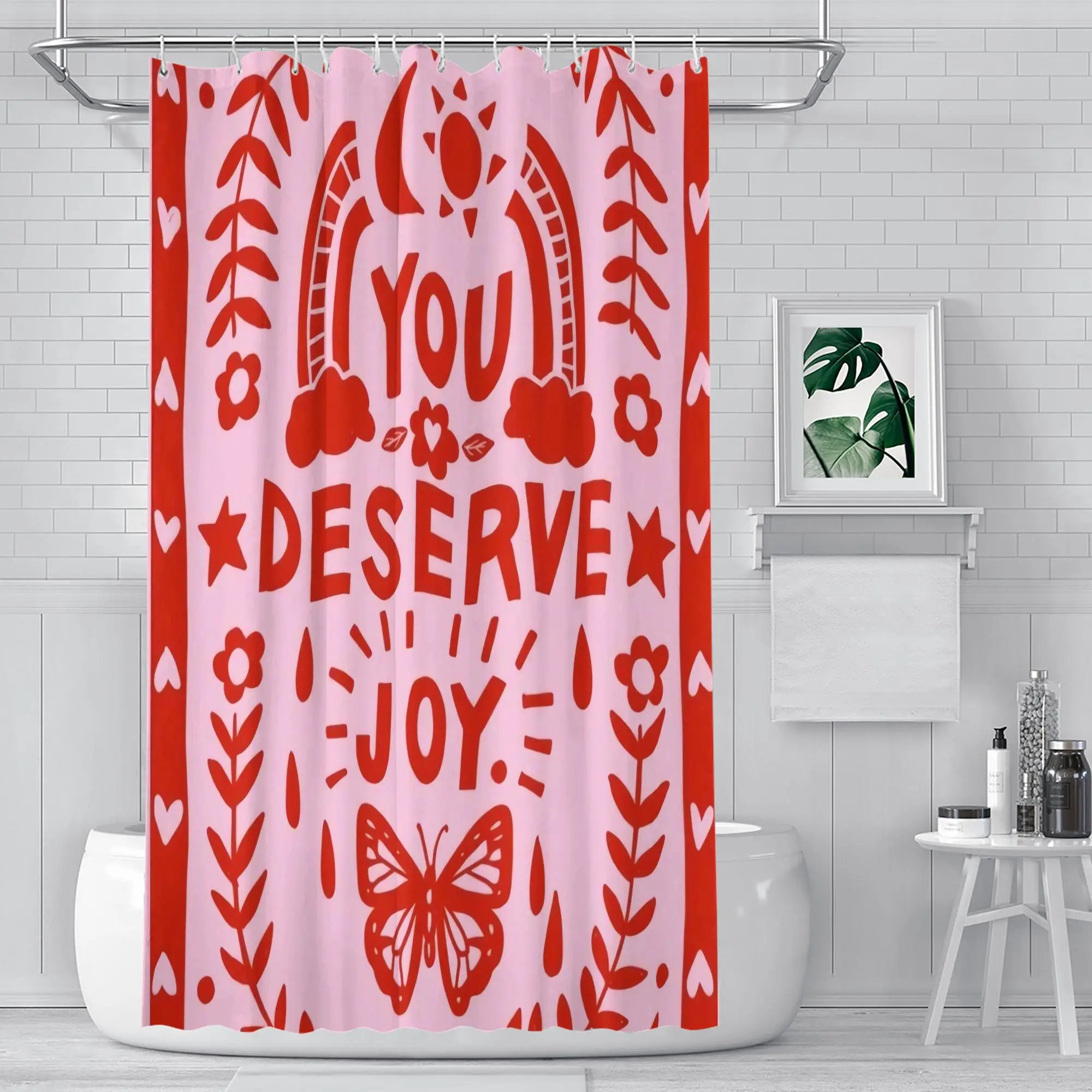 

Занавеска для душа "YOU DESERVE JOY" – розовая/красная, с рисунком вручную, сердечками, звездами и бабочками, 12 крючков, 70,87×70,87 дюймов, водонепроницаемая