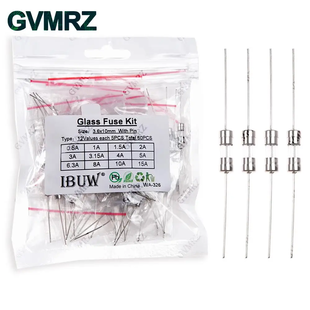 60PCS 12Values 3.6x10mm Glass Fuse with Pin Kit for Electronics Circuit Protection Projects