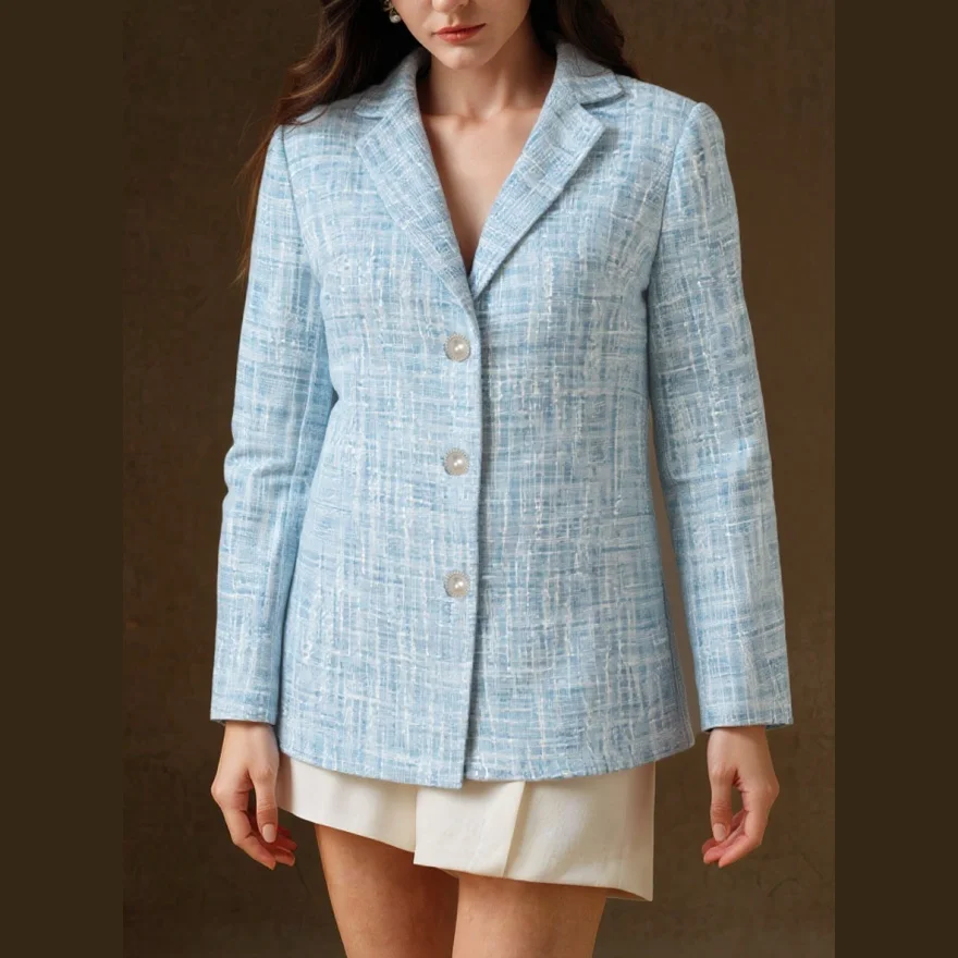 Women Light Blue Tweed Suit Jacket Vintage Pearl Buttons Long Sleeve Elegant Office Blazer Fashion Small Fragrance Outer Coat