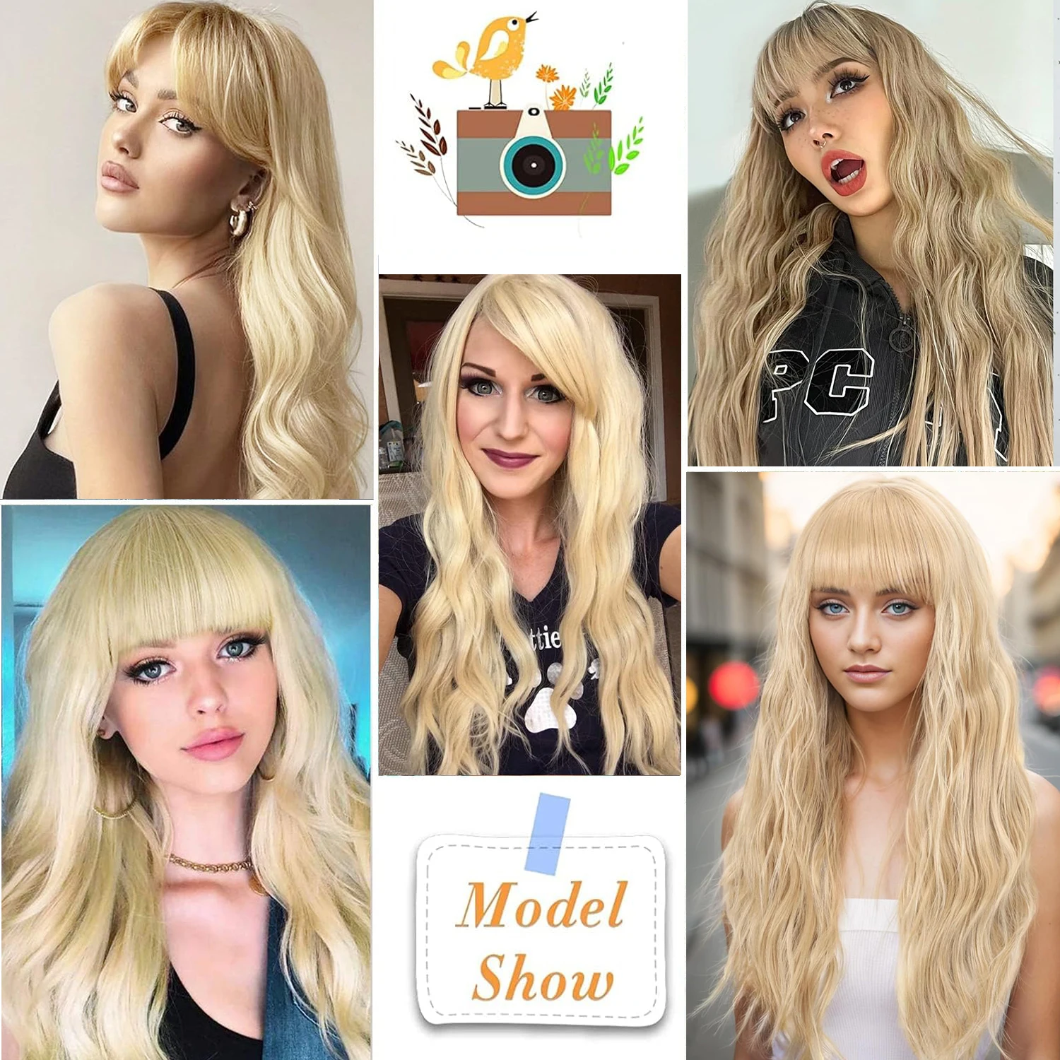 Long Wavy Synthetic Wig with Bangs 613 Cosplay Lolita Daily Party Synthetic Wigs Heat Resistant Fiber Natural Fake Hair 24 Inch