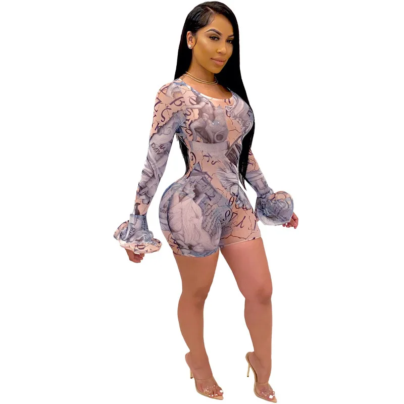 Sexy Sheer Printed Romper O Neck Flare Sleeve Shorts Mesh See Through Club Party Short Jumpsuit Fashion Women Playsuit Romper