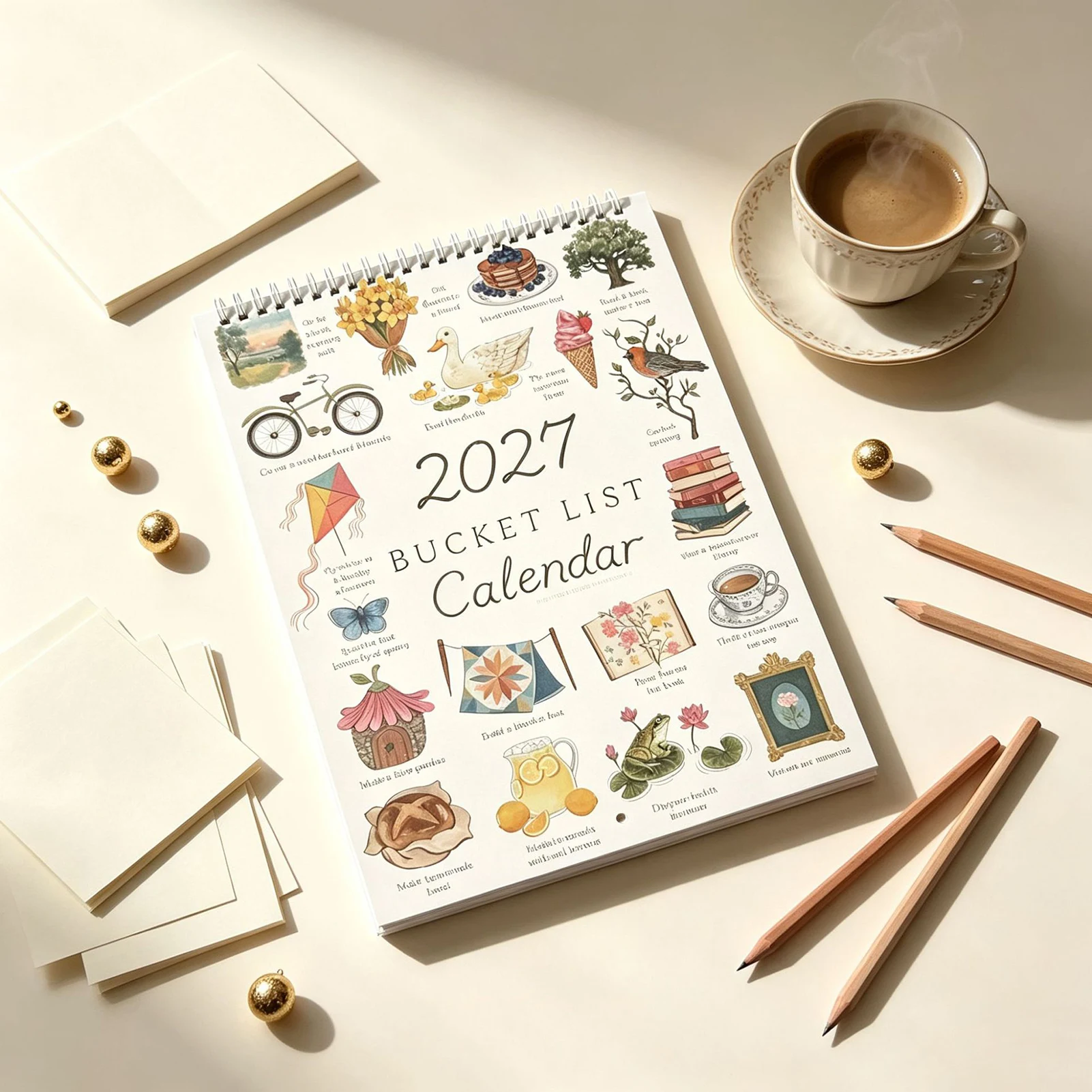 Vintage Desk Calendar Watercolor Painting Annual Goal Planner 2027 Coil Binding Organizer for Office Home Study Room Decor