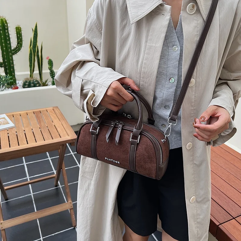 Retro Matte Suede Crossbody Bag Women's Fashionable Versatile Handbag Bowling Bag Popular Element: Crossbody Bag Polyester Fiber