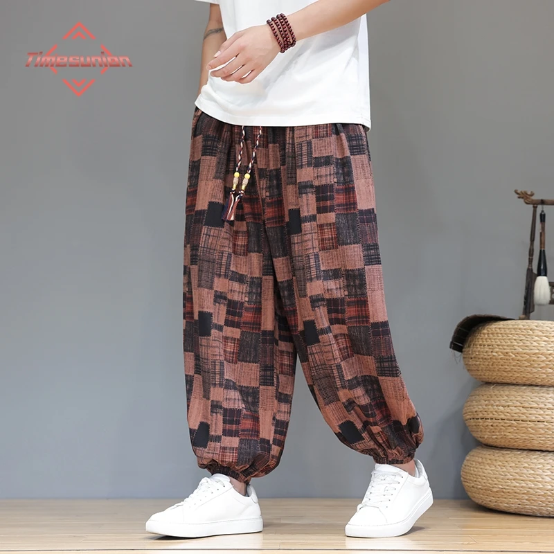 

Мужские летние брюки в китайском стиле, удобные дышащие тонкие мешковатые брюки в стиле ретро, повседневные широкие брюки-харли с принтом