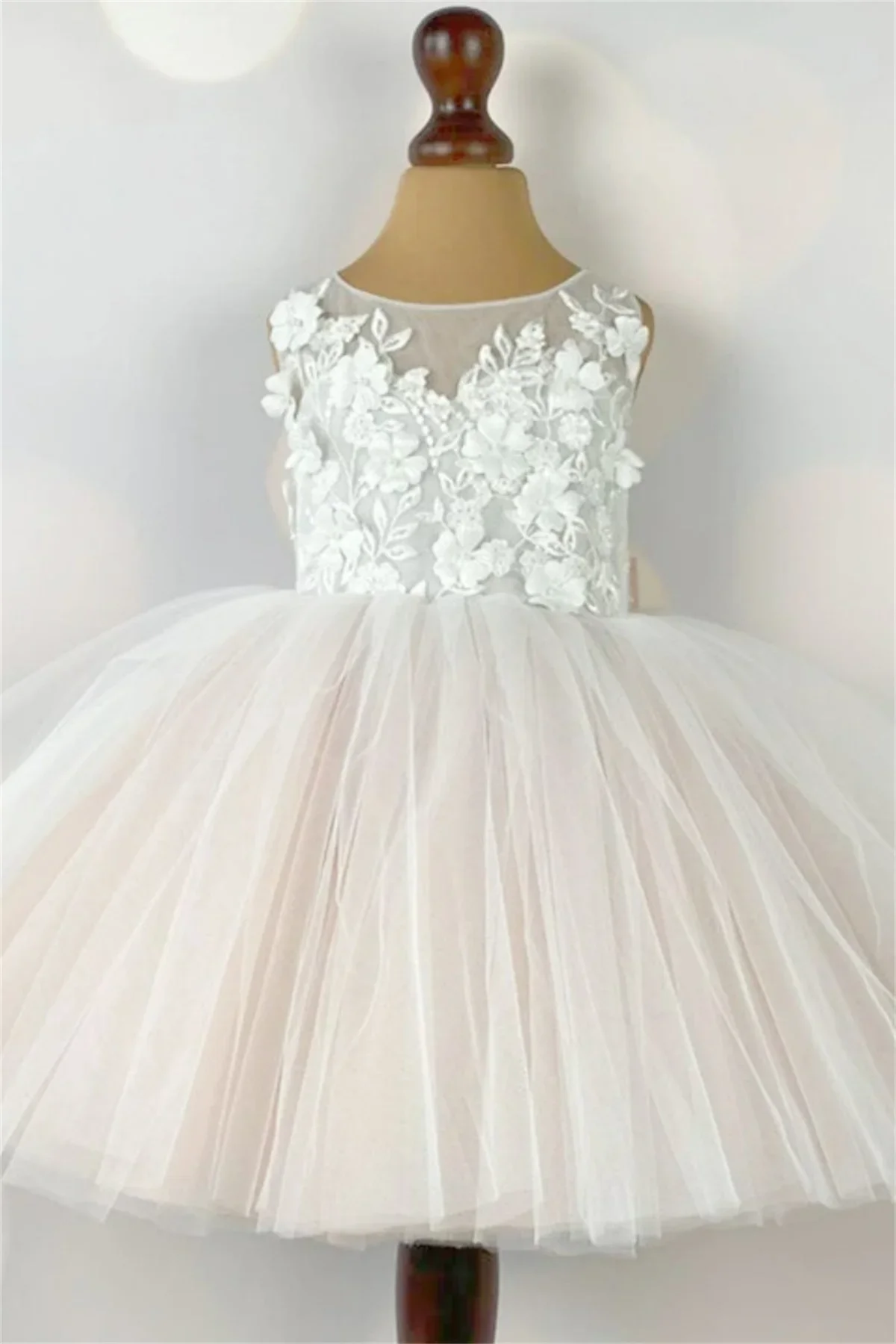 White Lace Flower Girl Dress Wedding Pink Fluffy Tulle Sleeveless Bow Cute Child Birthday First Communion Ball Gowns Dress