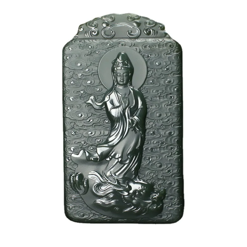 Hetian - , Tower Green Jade-Riding Guanyin Bodhisattva Pendant Men