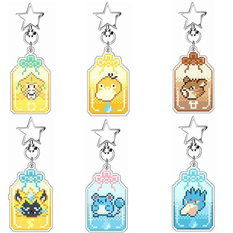 Anime Game Acrylic Keychain Mew Mimikyu Psyduck Zeraora Jirachi Rattata Golduck Litten Marill Car Key Pendant Cartoon Pendant
