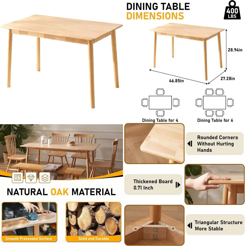 

Mid Century Modern Farmhouse Style Solid Wood Dining Table, Seats 4-6, 47.2 Rectangular Kitchen Table