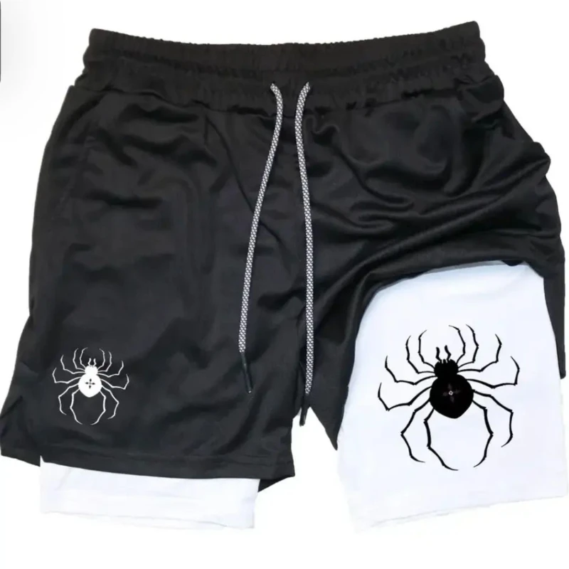 Shorts 2-en-1 à double couche pour hommes, imprimés araignées sombres européennes et américaines, pour le fitness, la course à pied, les sports et les loisirs