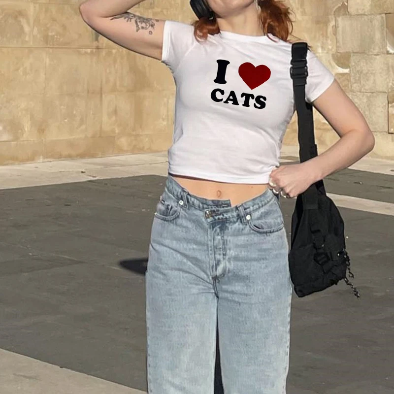 I LOVE CATS Pattern Print Fairy Core Cute Crop Top Baby Slim Tees Summer Women O-neck Short Sleeve T-shirt All-match Streetwear