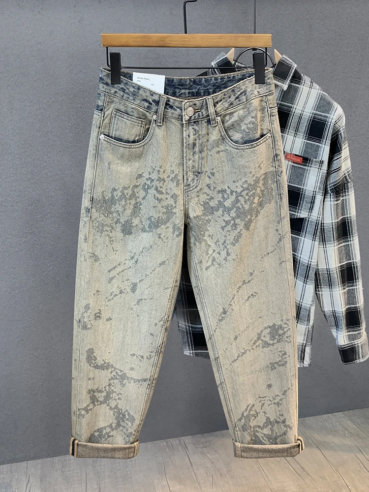 

Retro American Laser Etched k Pattern Jeans Loose Straight Leg Long Trousers for Men Casual Youth Faion Cotton Denim