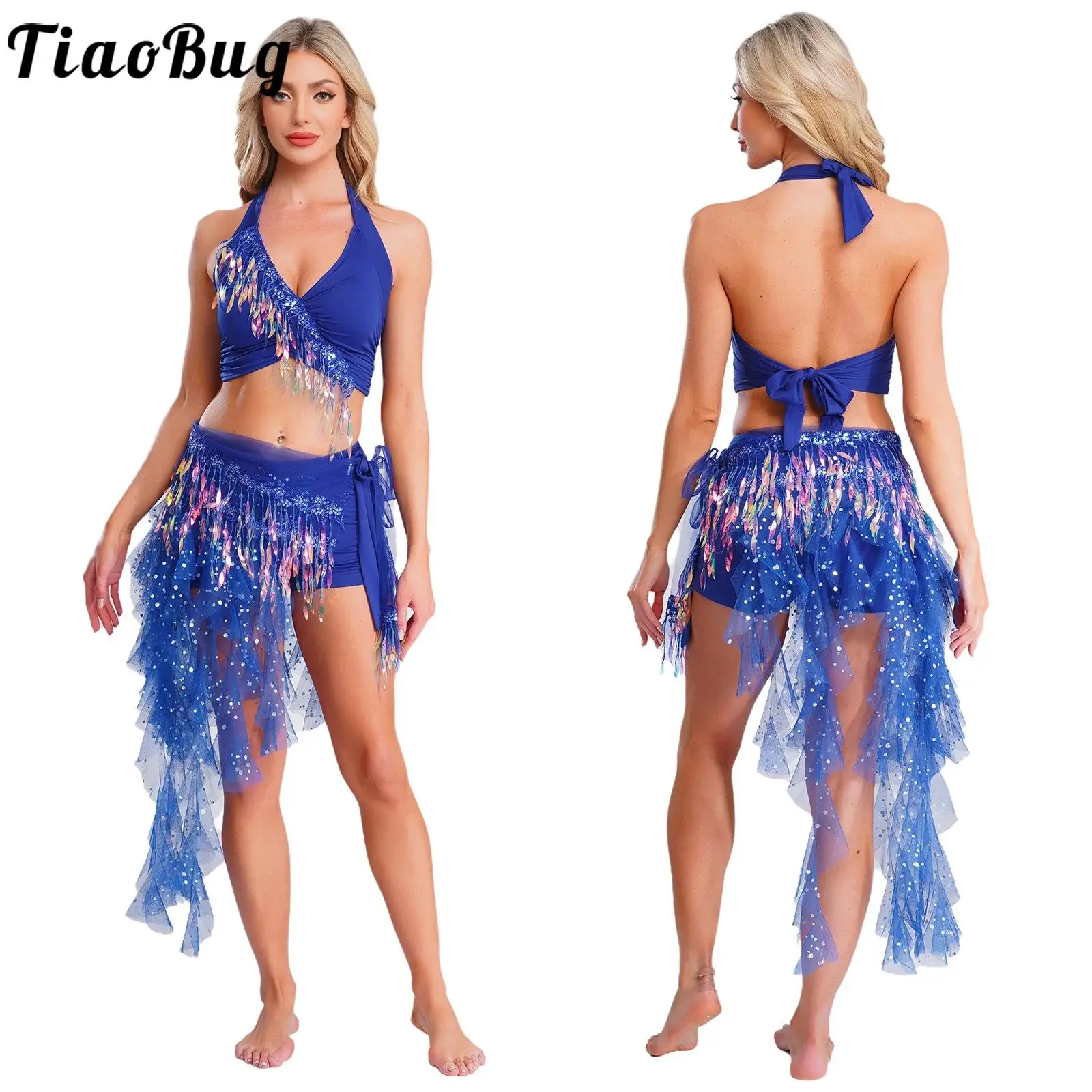 

Women Two Pieces Belly Folk Dance Performance Costume Sequin Crop Top with Hip Scarf And Safety Shorts for Indian Dance Sets