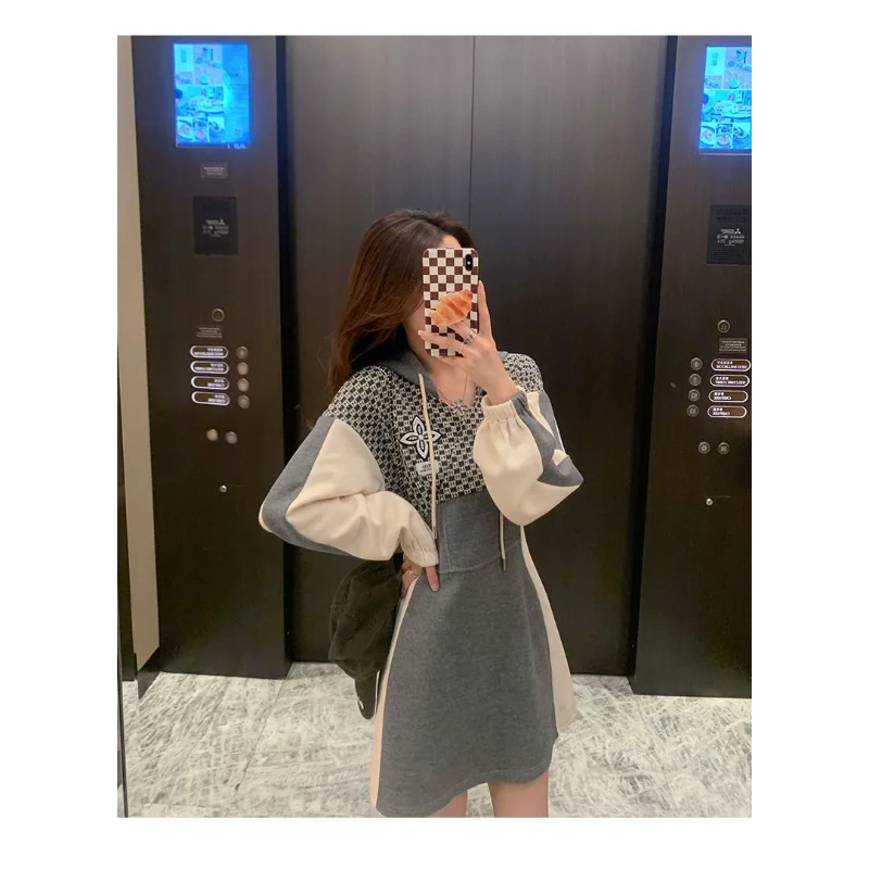 Women's Waist-hugging Hooded Lantern Long Sleeve Contrasting Color French Sweatshirt Dress