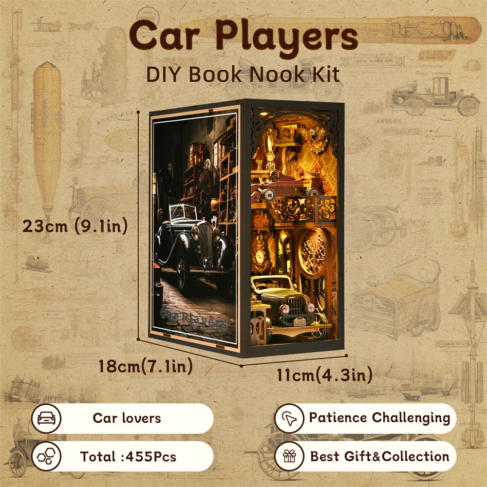 Book Nook Kit Classic Car F1 DIY Wooden Puzzle Bookshelf Insert Decor Dollhouse Model Bookend Building Home Decoration Gifts