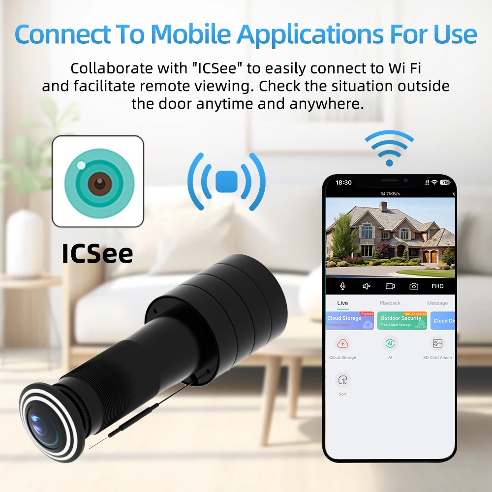 ICSEE HD Door Peephole Viewer WiFi Security Camera 170° Wide-angle Human Detection Two-Way Audio Video-eye Wireless Cat-eye Cam