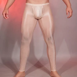 Men's Tights Long Pants Sexy Underwear Hombre U Convex Thongs Glossy Comfort Breathable Slimming Lingerie Transparent Nightwear