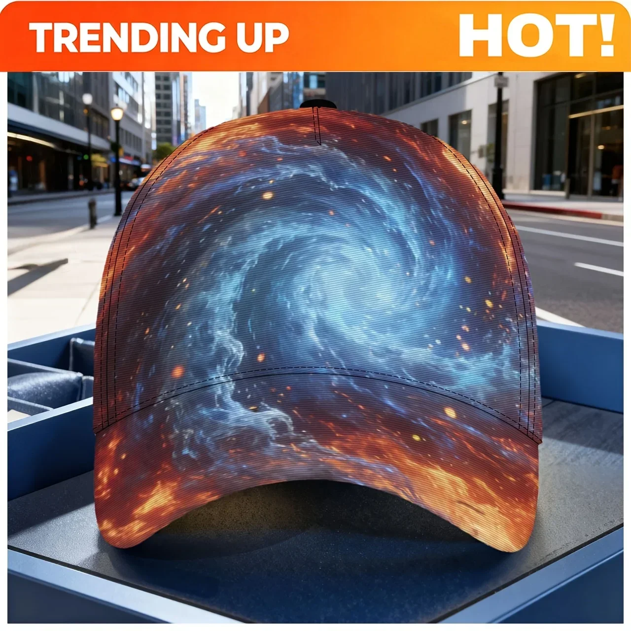 Custom Hats This Fresh Baseball Cap Showcases A Breathtaking Cosmic Spiral Pattern (Lively Blue And Orange Nebula, Starry