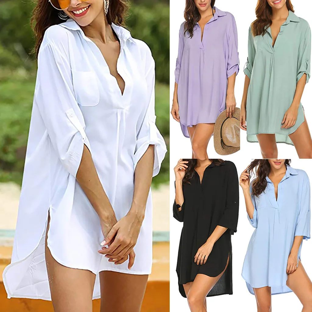 2025 Hot Selling Fashion Swim Cover Up Dress V Neck Beach Sunscreen Shirt Women Clothing European American Trend