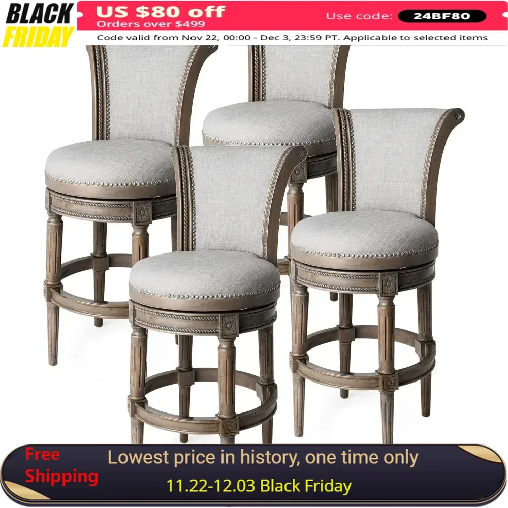 Tall Bar Height Upholstered Barstool with Back in Reclaimed Oak Finish with Ash Grey Fabric Cushion Seat, Set of 4