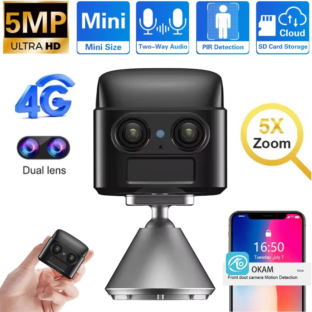 4K WiFi or 4G Sim Mini Camera Dual-Lens 5X Zoom Motion Detection Night Vision 4000mAh Big Battery Two-Way Intercom Surveillance