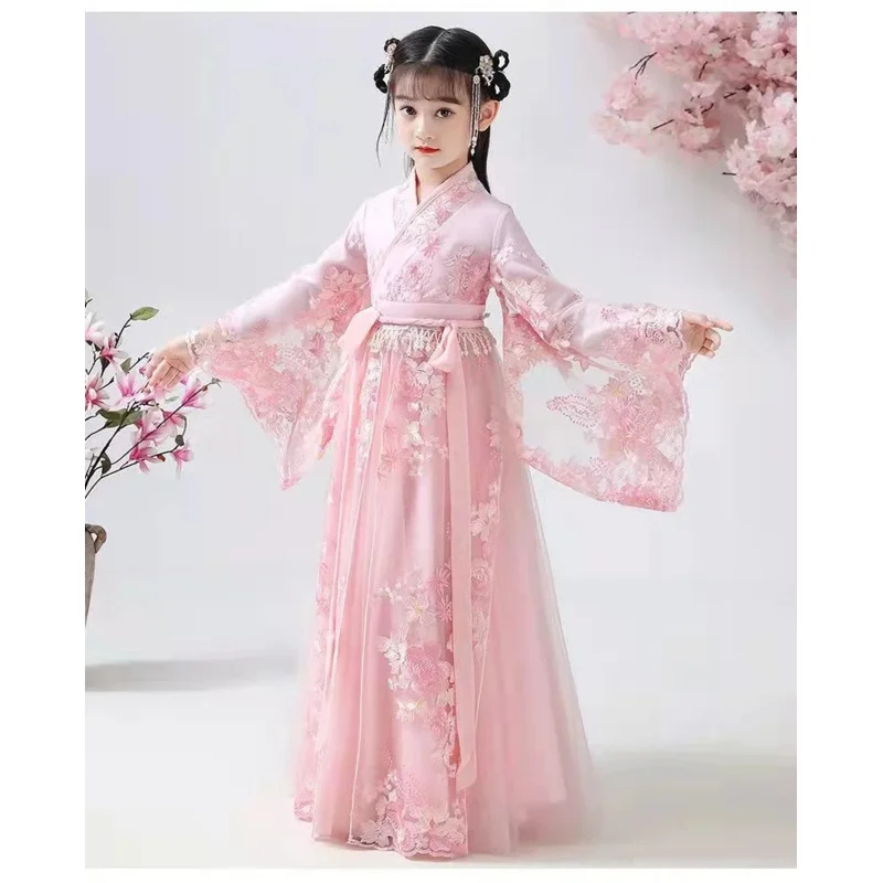 Chinese traditional folk dance dress girls pink dance costume Hanfu girls princess dresses set kids party cosplay clothing js544