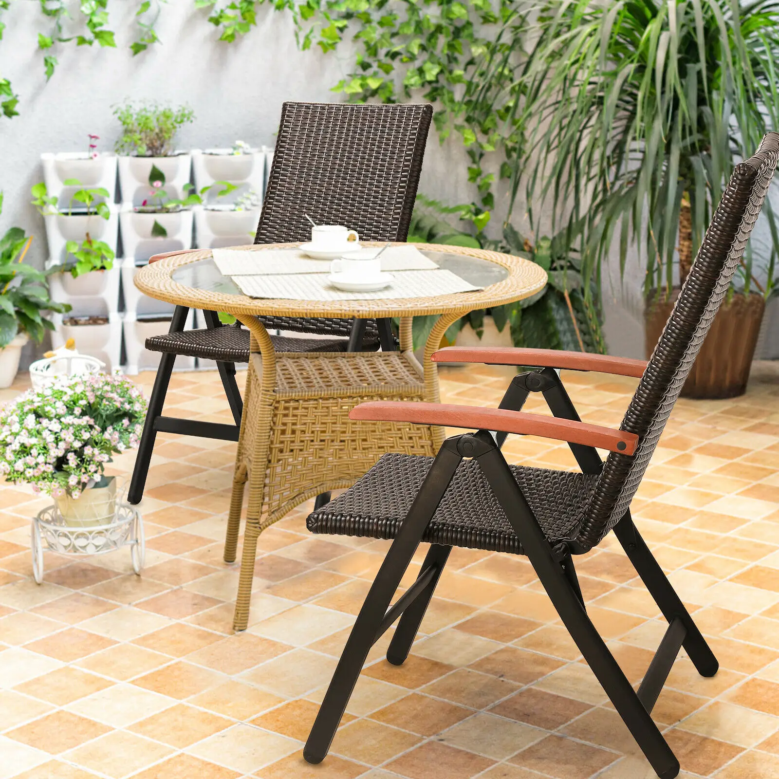 Korb klappbarer Terrassen stuhl Outdoor Pe Rattan Liege Campings tühle mit 5-stufiger verstellbarer hoher Rückenlehne für Garten balkon