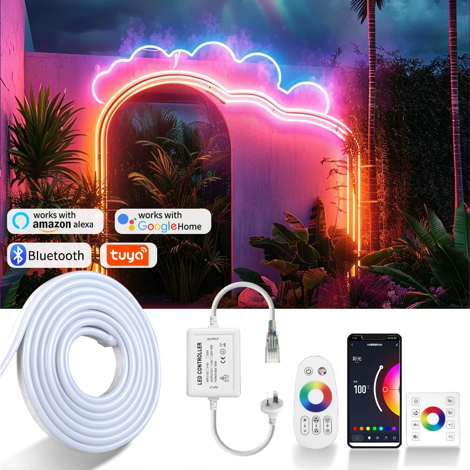 

AU Plug 220V Tuya Smart LED RGB Неоновая лента с регулируемой яркостью Светодиодная лампа Лента RF Дистанционная гибкая лента Водонепроницаемое наружное освещение