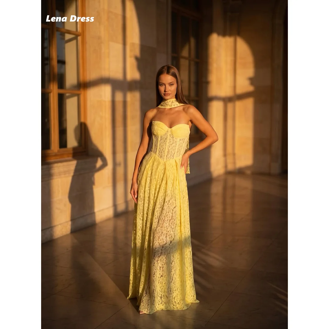 

Lena Elegant Evening Dresses for Woman Luxury Women's Elegant Party Dress Customized Women's Ball Gown Yellow Embroidered Lace