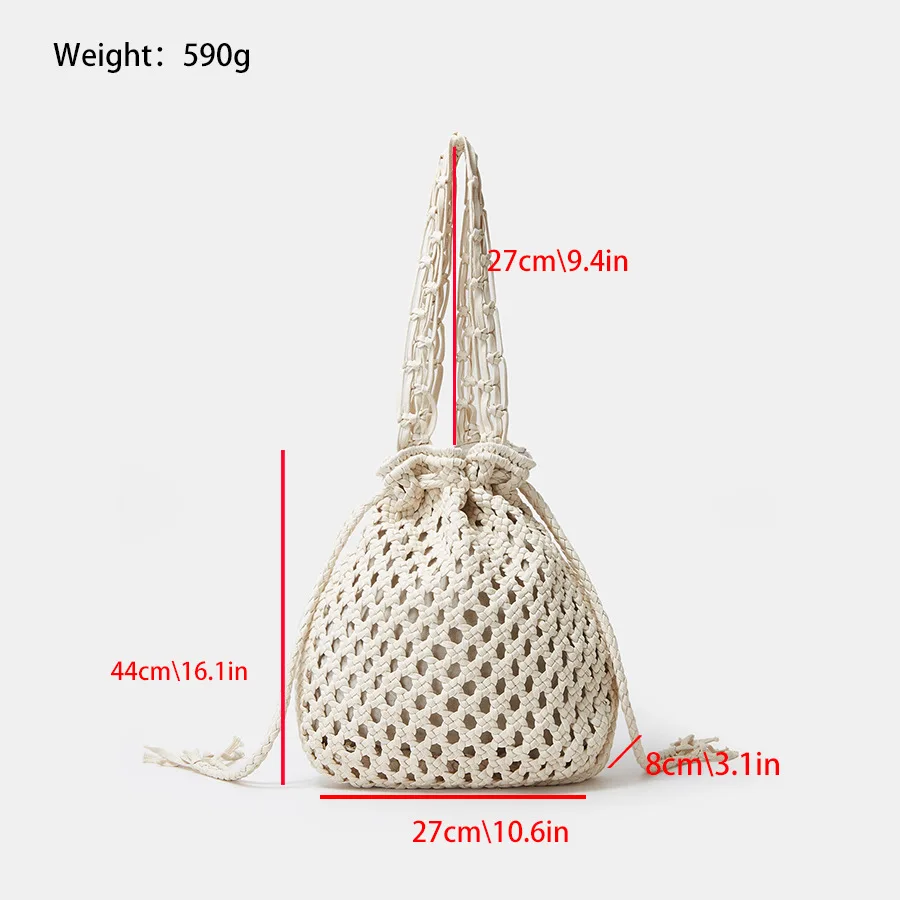 Casual Cotton Woven Crossbody Shoulder Bags Women Drawstring Crochet Summer Beach Bucket Handbags Ladies Knitted Shopper Totes