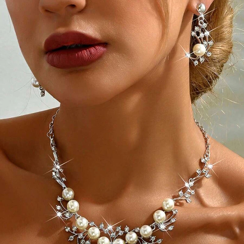 1set Fashion Necklaces Earrings Jewelry Set Women\'s Party Daily Sacrament Wedding Accessories Women\'s Pearl Earrings Jewelry Set