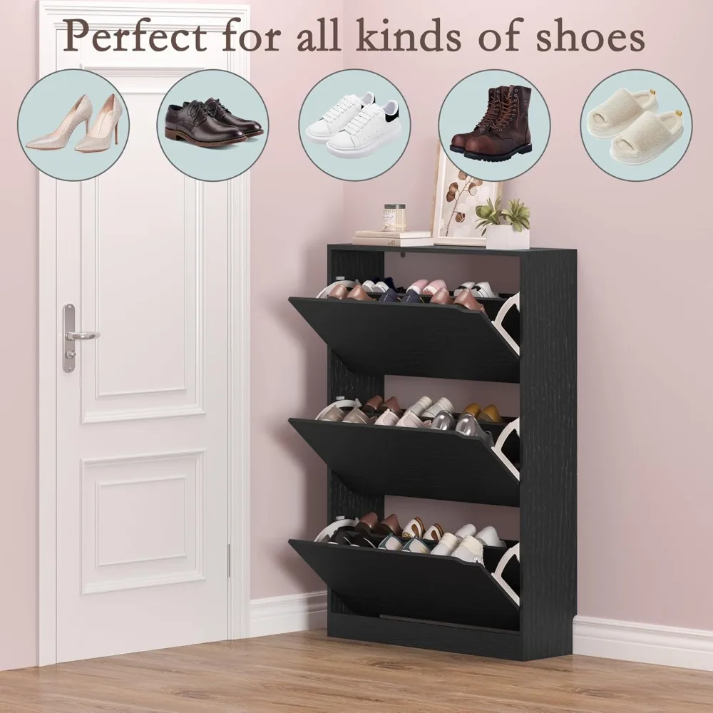 

Shoe Cabinet with 3 Flip Drawers, Narrow Shoe Rack Cabinet, Independent Storage Cabinet for Entrance and Hallway, Black