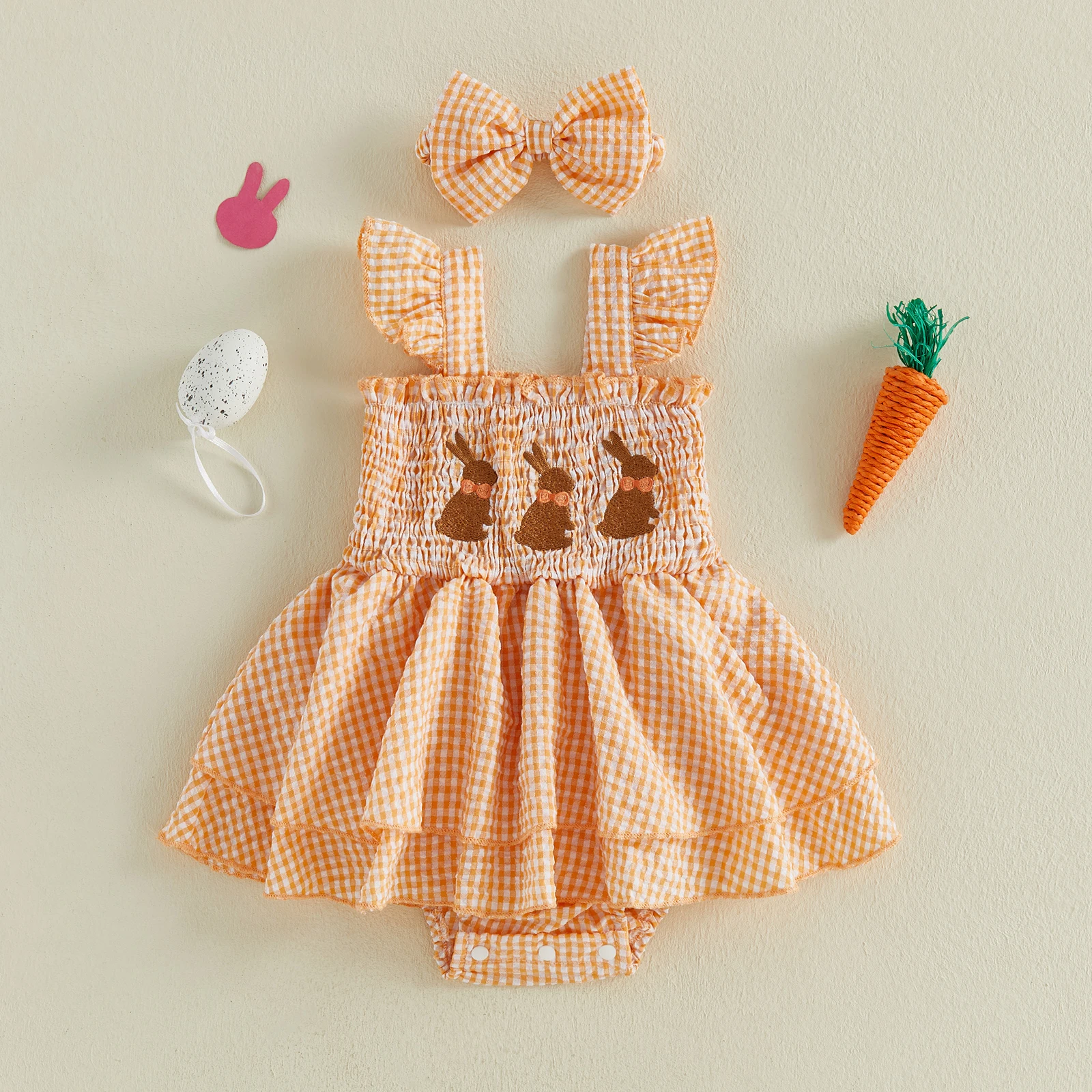 

VISgogo Комбинезон-платье для девочек 0-18 месяцев с рукавами-крылышками, вышивкой в клетку и кроликом, на Пасху, с повязкой на голову