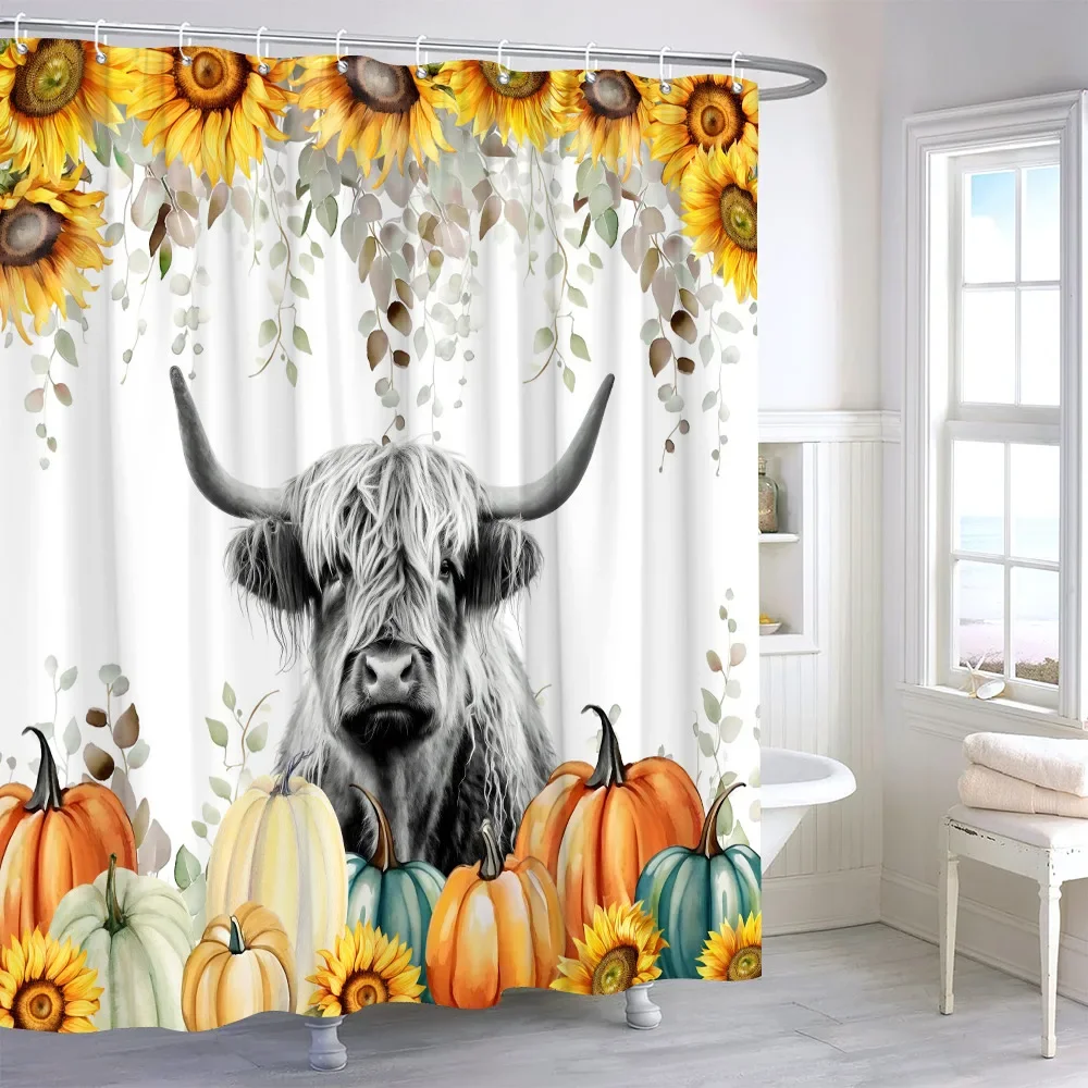 

Занавеска для душа с тыквой и листьями коровы, осенний подарок на День Благодарения, акварельный принт, полиэфирная ткань, занавеска для ванной, декор для ванной комнаты