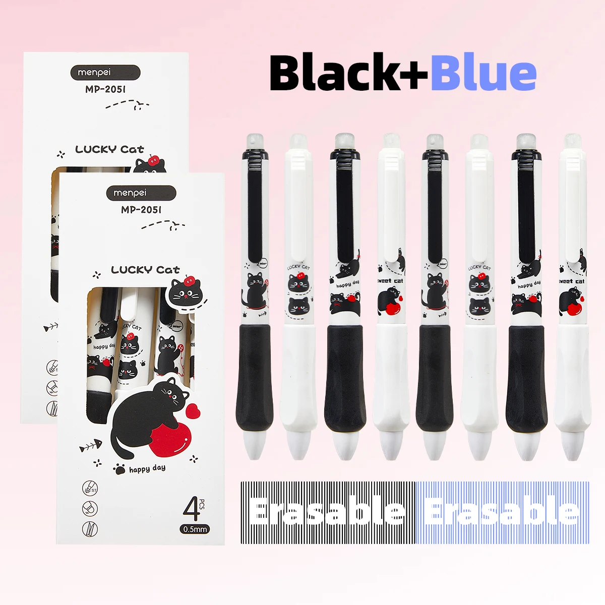 

4-piece erasable ballpoint pen with kitten design, black and blue, suitable for office and school use, back-to-school/Christmas