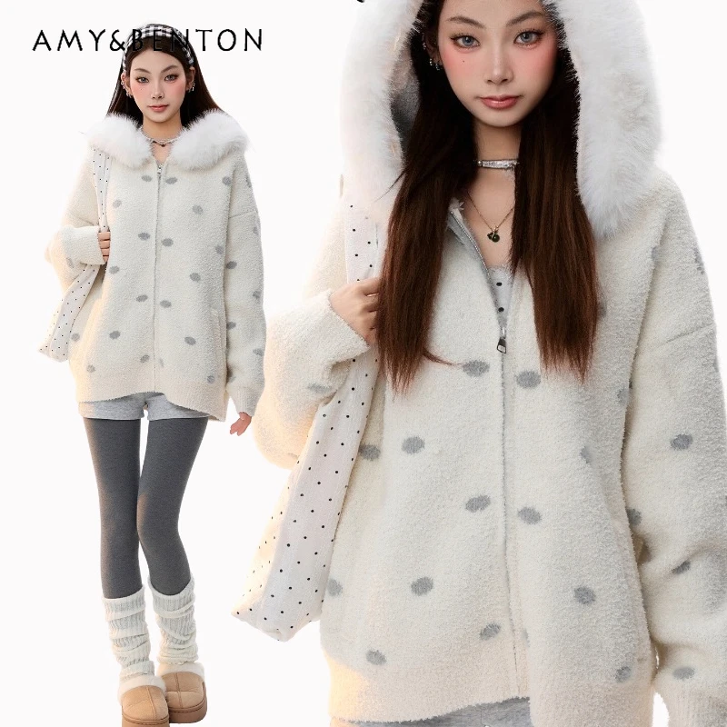

Korean Design Polka Dot Furry Collar Hooded Women's Knitted Sweater Coat Winter New Warm Age-Reducing Loose Zipper Jacket Ladies