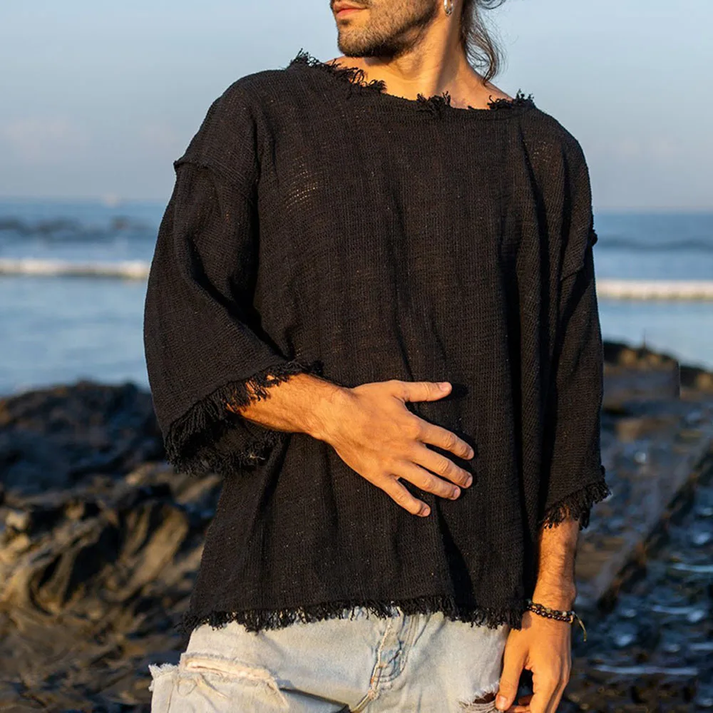 

Men’s Vintage Distressed T Shirt, Loose Fit Ethnic Boho Style Top, Casual Summer Streetwear 2026New