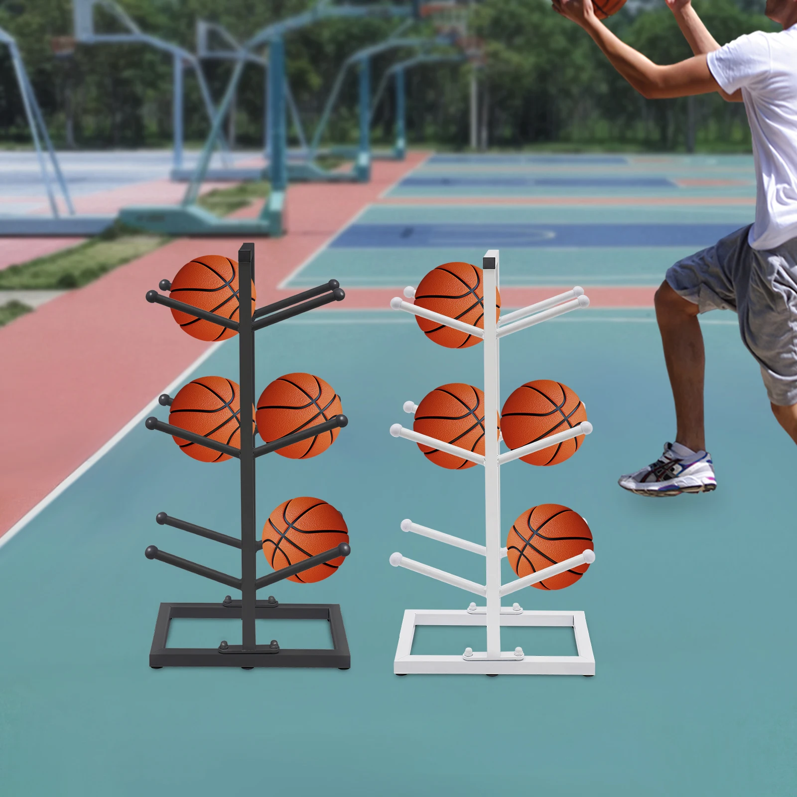 Indoor Basketball Storage Rack 3 Tiers Put Ball Football Storage Basket Placed Rack 6 Capacity Basketball Organizers for Childre