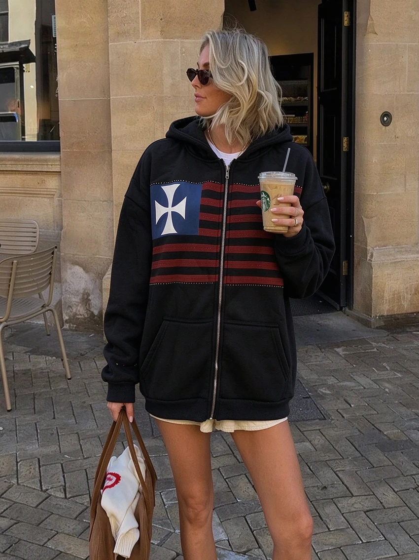 Women Y2K Punk Zip Hoodie Cross Flag Pattern Colorful Rhinestone Decor Long Sleeve Loose Hooded Sweatshirt Fall Winter Outerwear