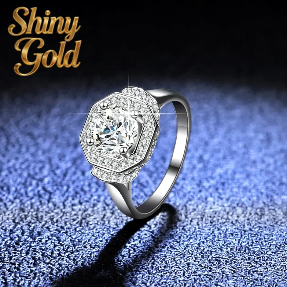 ShinyGold White Gold Platinum PT950 Women Ring 1CT Real Diamond Engagement Ring For Women Lovely Birthday Gift For Girl With Bo
