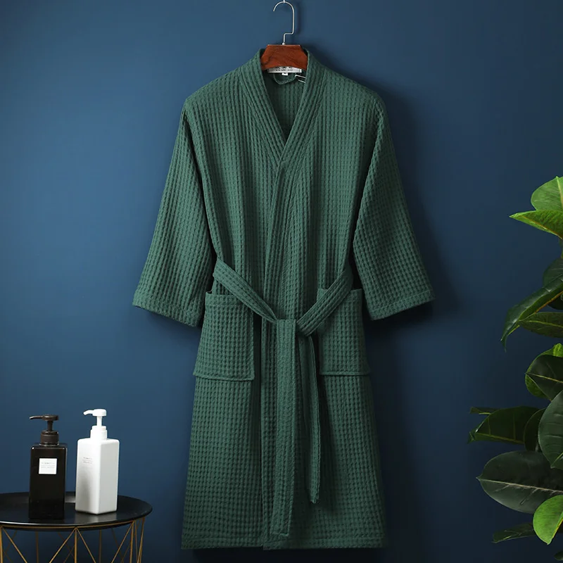 Couples 100% Cotton Bathrobe Kimono Bathrobe Comfortable Men&Women Robes V-neck Sleepwear Nightgown Solid Waffle Hotel
