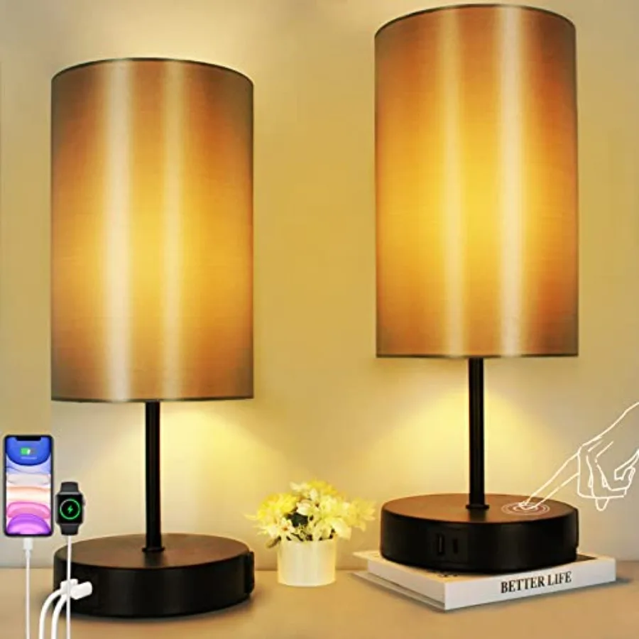 

2-Set 17.75" Touch Bedside Table Lamps with USB Charging Ports and AC Outlet, Industrial Black 3-Way Dimmable LED Nightstand Li