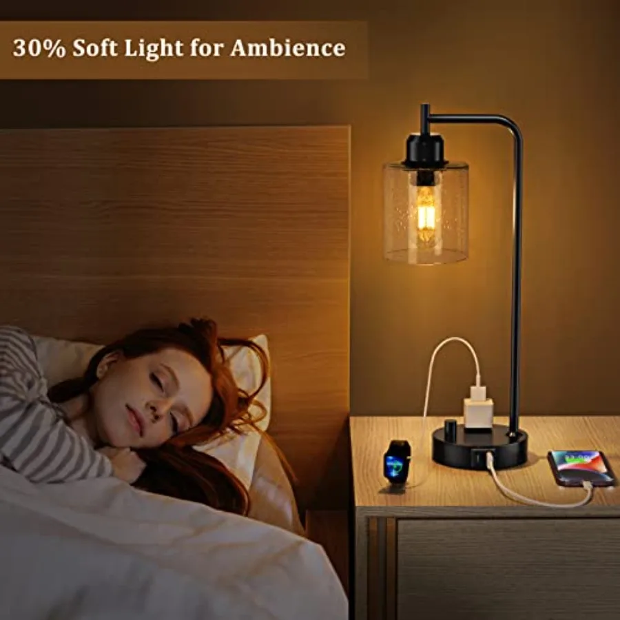 Industrial Bedside Table Lamp for Bedroom - Nightstand Lamps with USB C Charging Port, Fully Dimmable Black Ports and Outlets, view 4