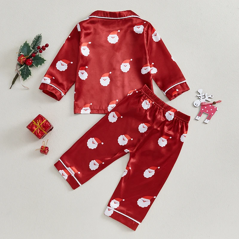 Weihnachts-Pyjama-Set für Kleinkinder, Mädchen, Weihnachtsmann-Aufdruck, Hemden, Oberteile, lange Hosen, Satin, 2-teilig, Lounge-Anzug, Nachtwäsche