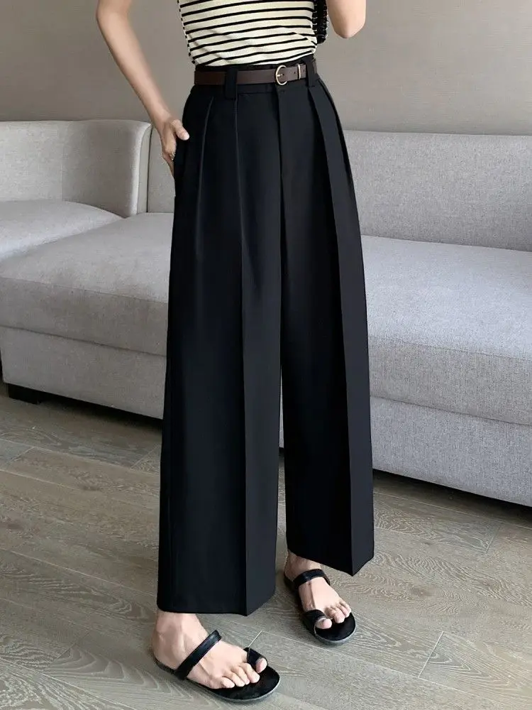 

High-waisted solid color wide-legged nine-minute pants female summer new Korean version of the loose large size temperament leis