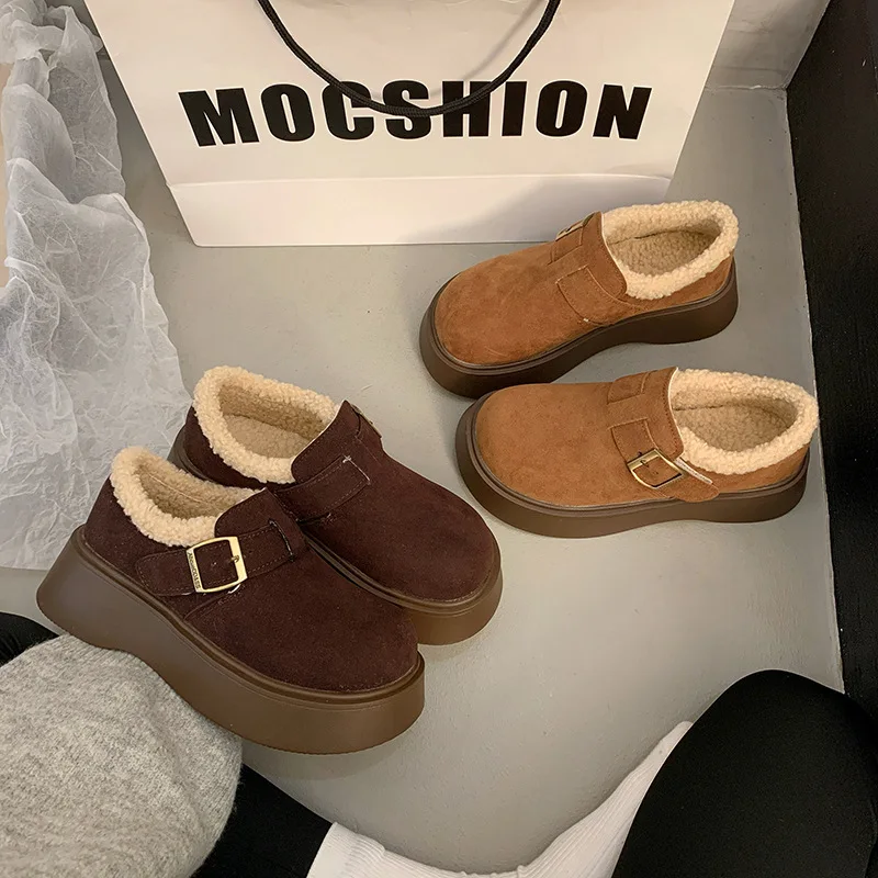 

2025 Autumn Winter Thick-Soled Loafers with Fleece Lining Big Toe Casual Platform Retro Loafers