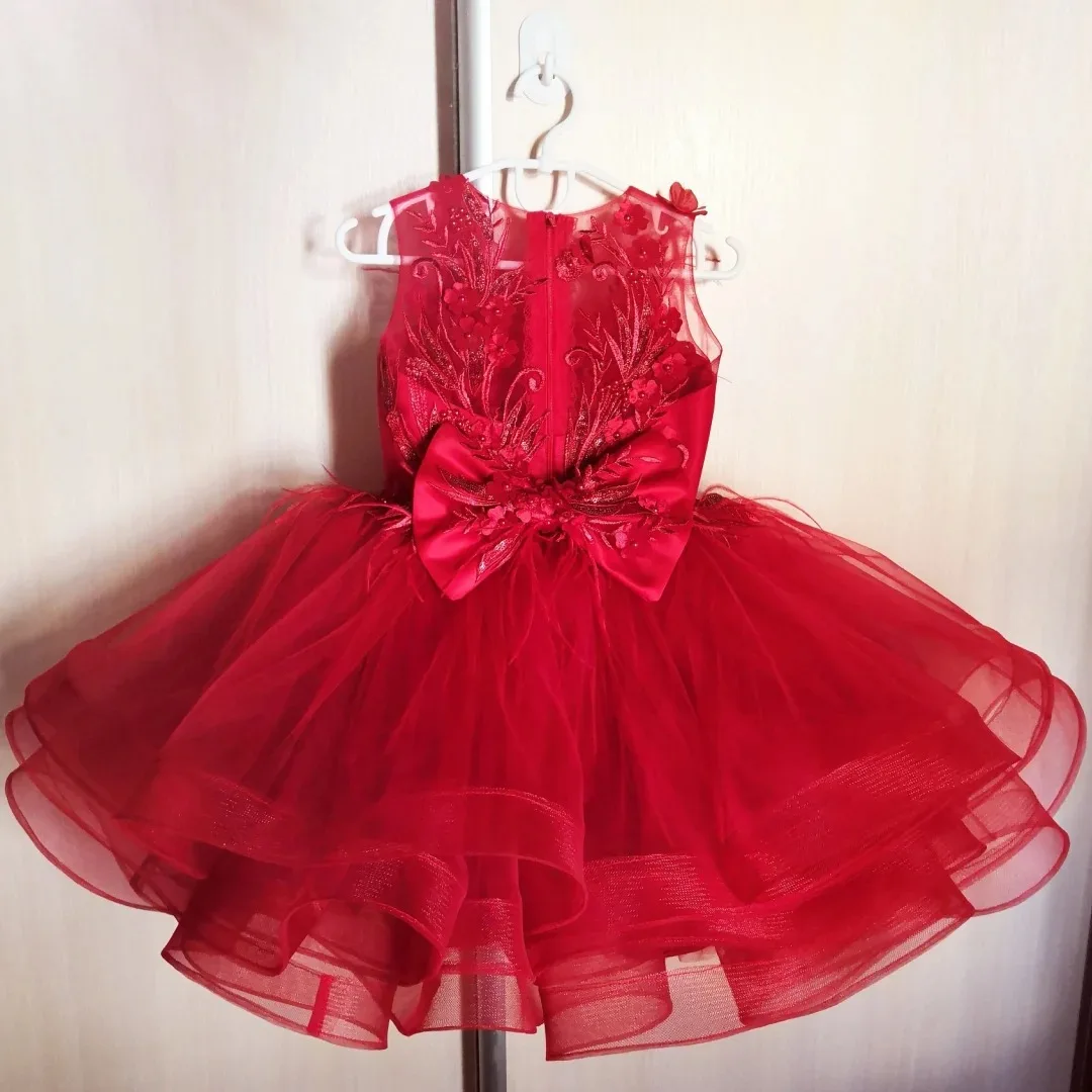 فستان فتاة الزهور الحمراء المخصص مع ريشة مطرزة بفيونكة جميلة أول مناولة لحفلات أعياد الميلاد وحفلات التخرج وحفلات الزفاف #3